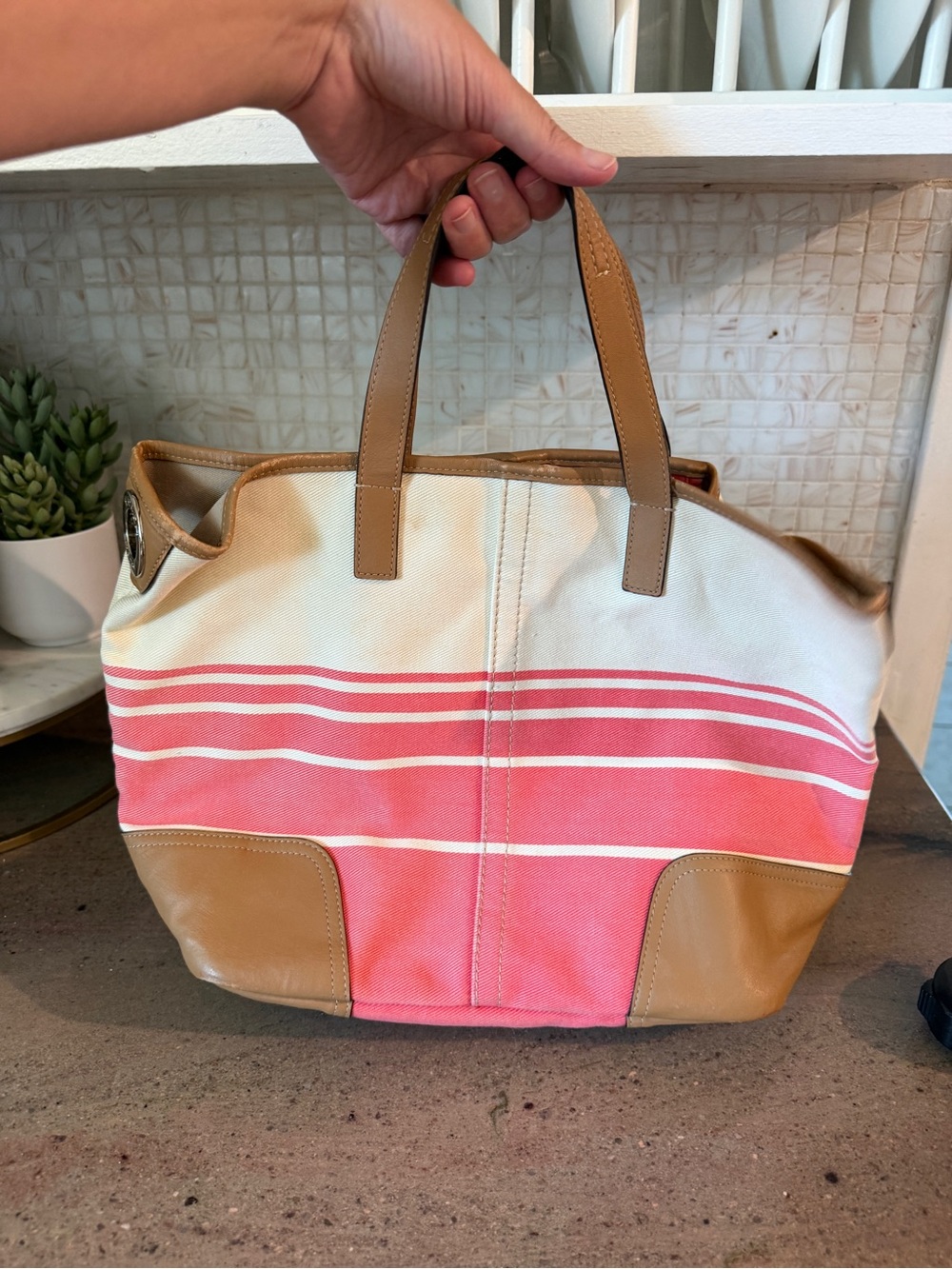 Coach Pink Canvas Interior with Tan Leather Brand Patch